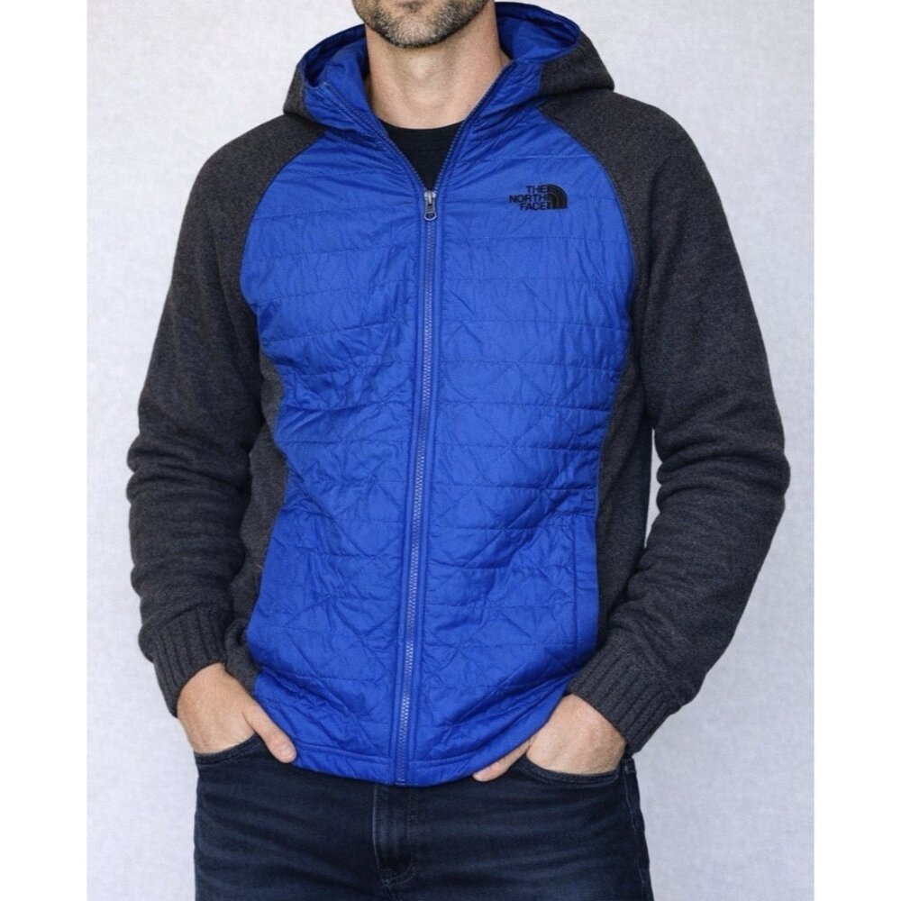 The North Face Blue Black Quilted Fleece Hooded Jacket Young Men Boy 18-20 Sz XL